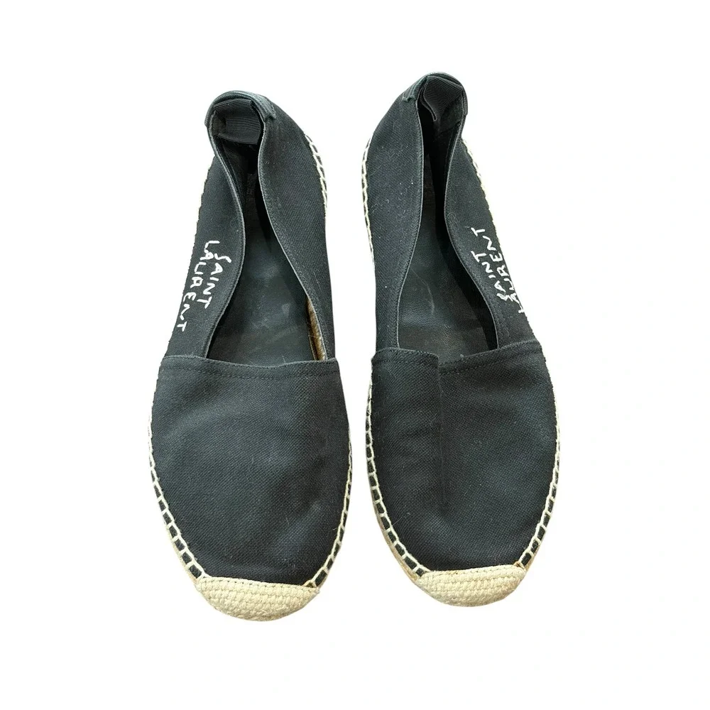 Saint Laurent Womens Espadrilles Flats Shoes Black Canvas Embroidered Logo 37.5